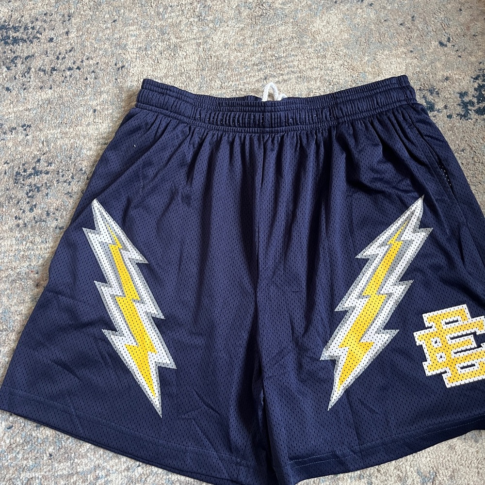 Eric Emanuel Dark Blue Shorts with Yellow Lightning Bolts
